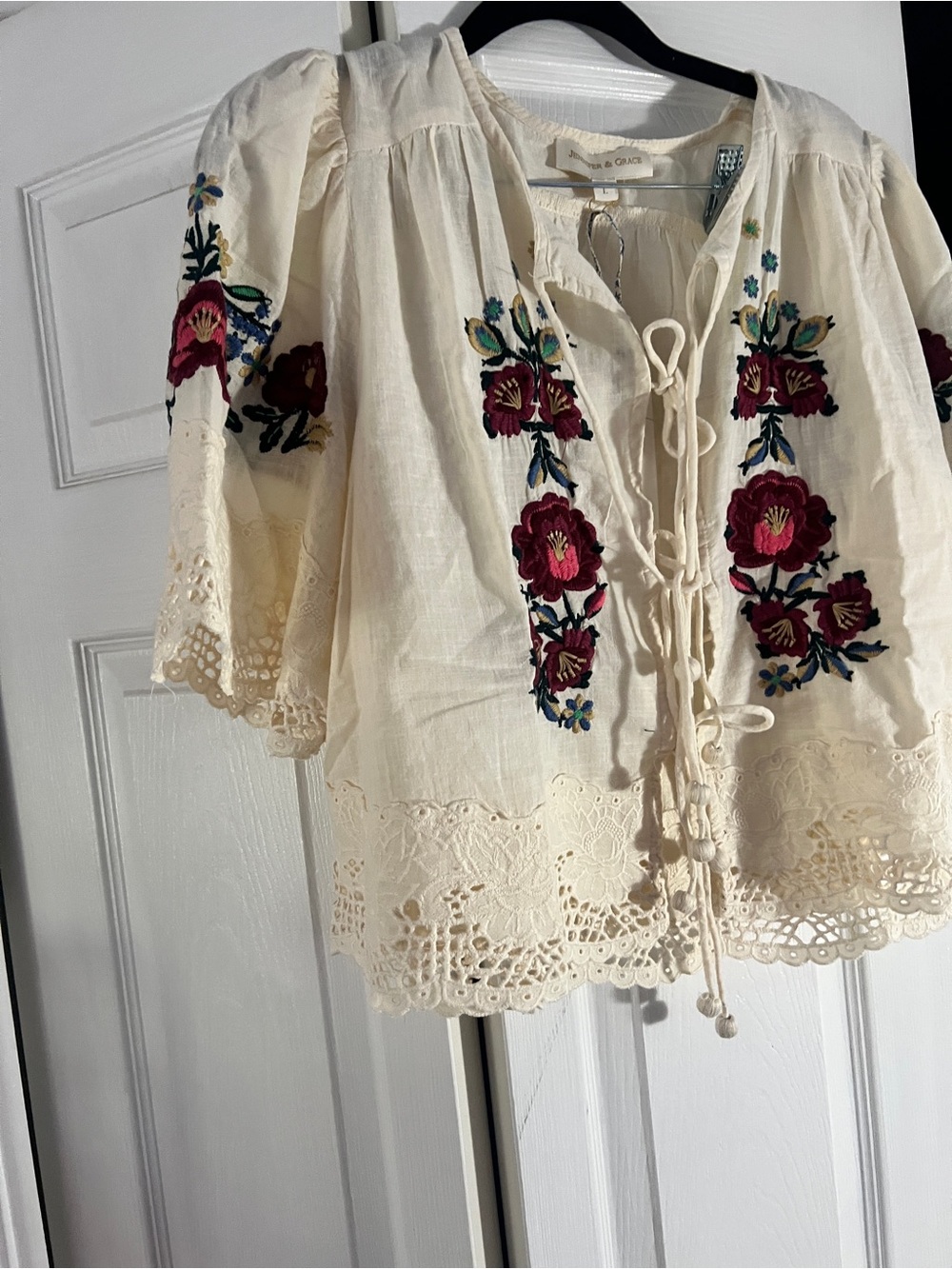Embroidered Cream Peasant Blouse with Lace Trim - Picture 3 of 13